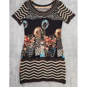 P. Luca Milano Sweater Dress Womens Small Floral Chevron Short Sleeve Mini Knee